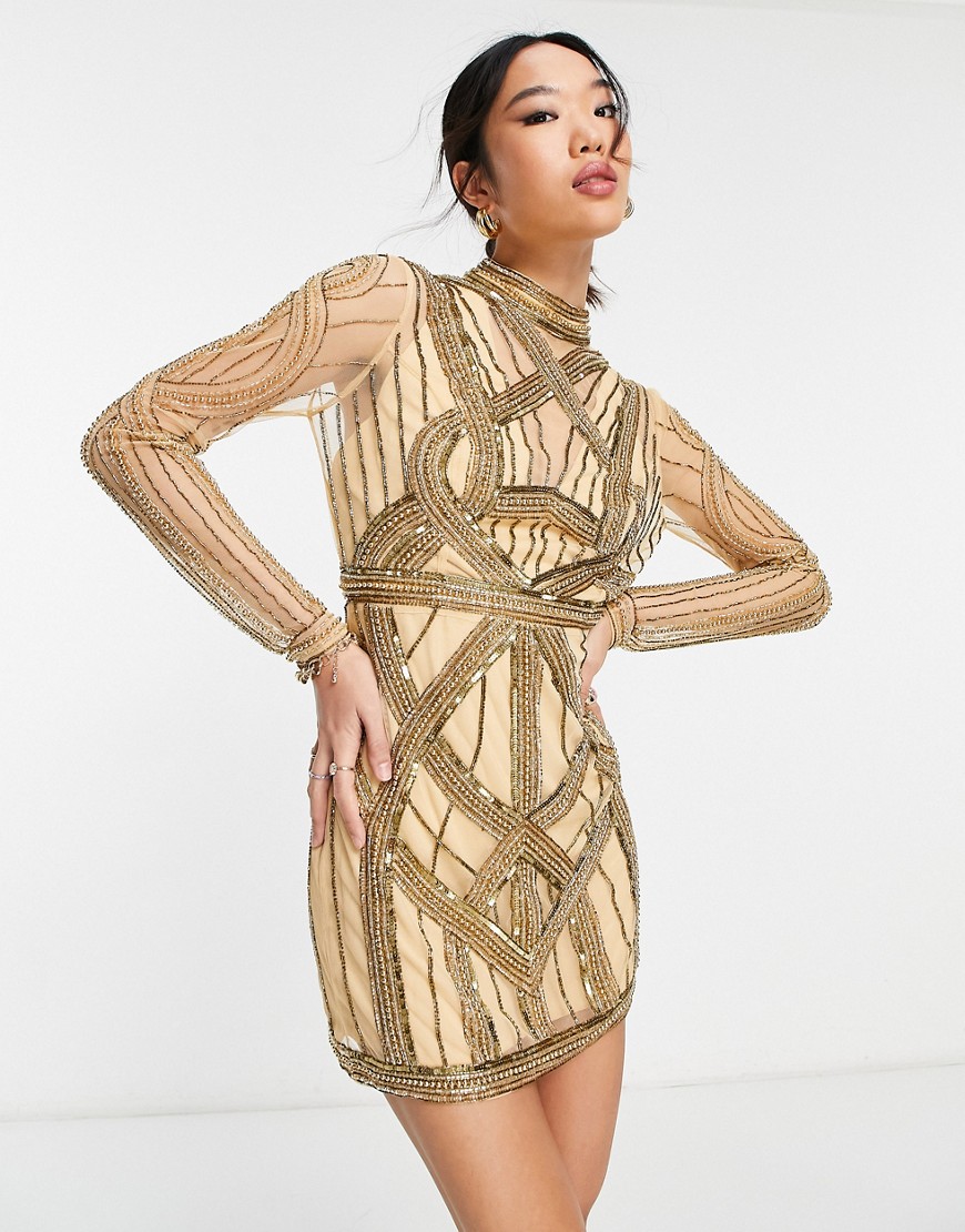 ASOS DESIGN Baroque embellished mini dress in gold-Gray