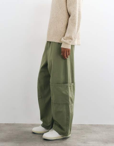 ASOS DESIGN barrel cargo pants in khaki with elasticated waist - view 1