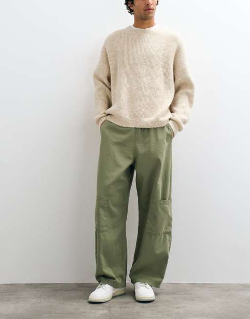 ASOS DESIGN barrel cargo trousers in khaki with elasticated waist, 2 of 5