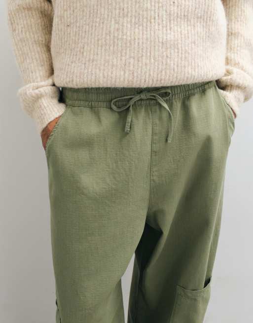 ASOS DESIGN barrel cargo trousers in khaki with elasticated waist, 3 of 5