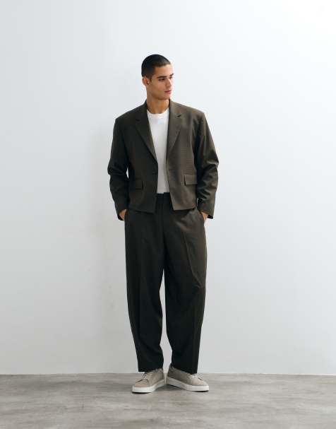 ASOS DESIGN barrel fit suit pants in brown grid plaid print - view 1