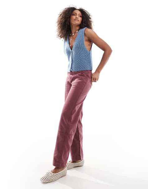 ASOS DESIGN – Barrel-Hose in pflaumenfarbener Waschung mit Ziernaht - view 1