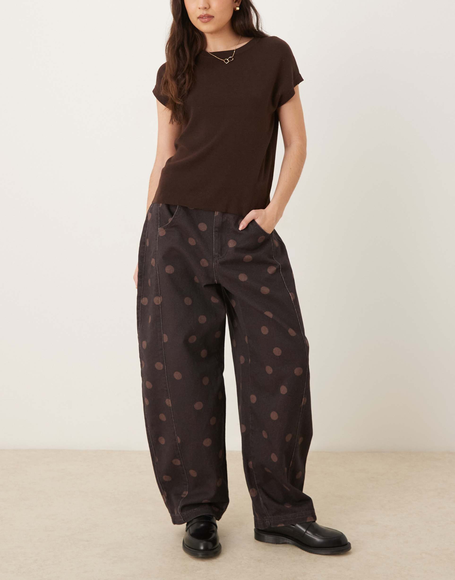 asos design barrel jeans in chocolate polka dot
