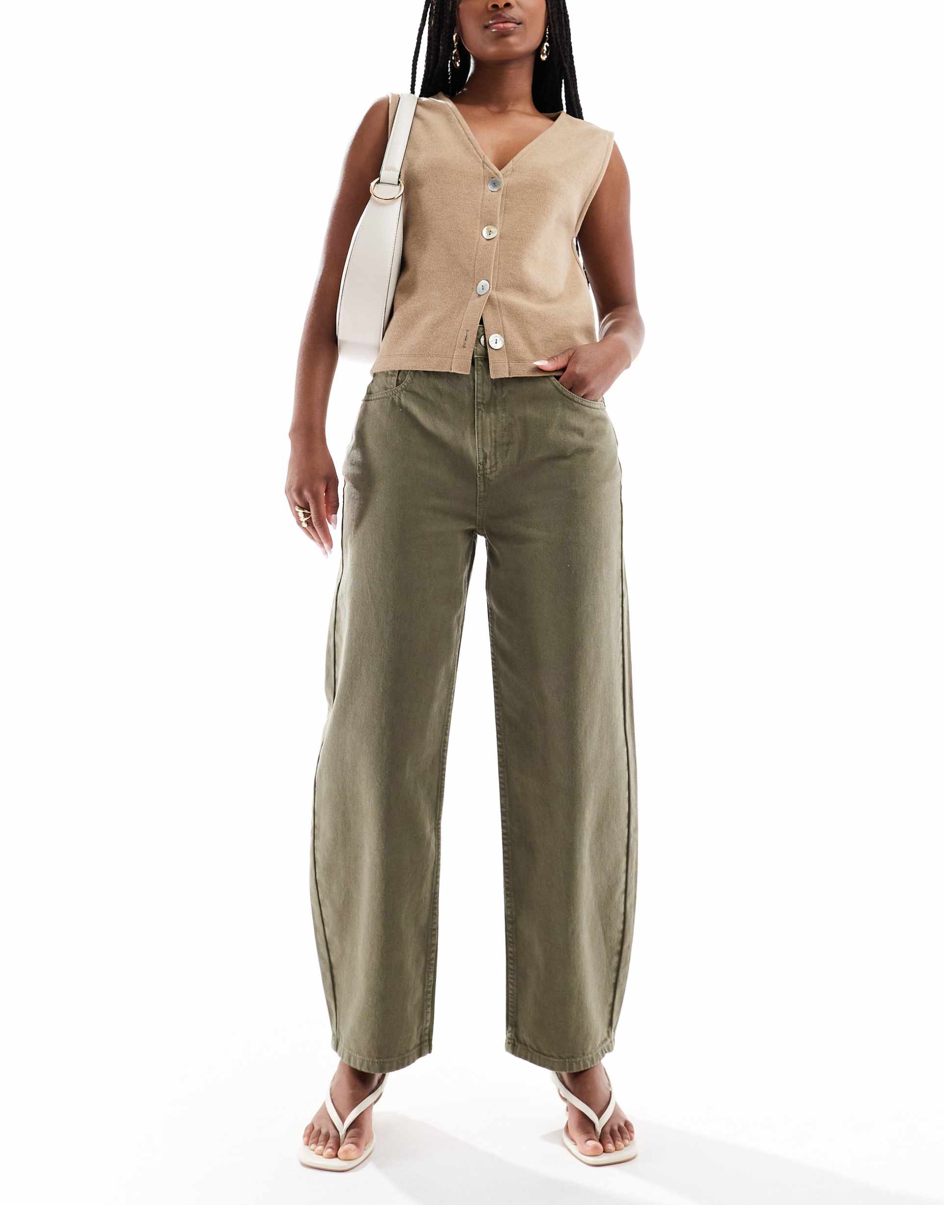 asos design barrel jeans in khaki