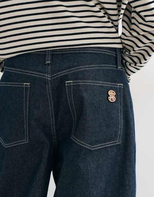 ASOS DESIGN barrel jeans in raw indigo with embroidery and contrast stitch, 4 of 5