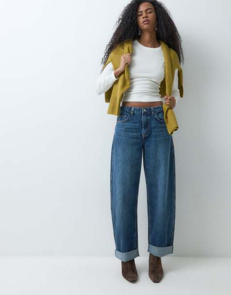 ASOS DESIGN barrel-jeans med opsmøg i mørk mellemblå vask - view 1