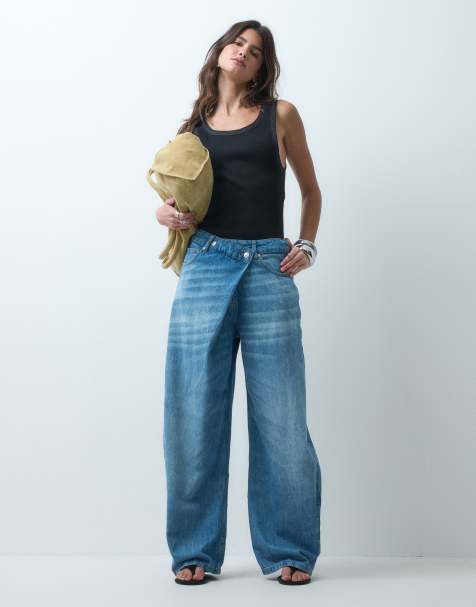ASOS DESIGN Barrel-Jeans mit Wickelbund in Mittelblau - view 1
