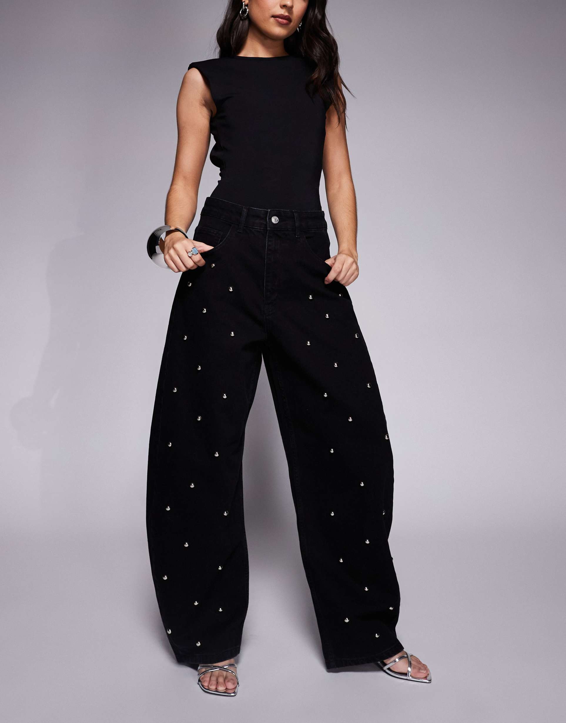 asos design barrel jeans with silver stud embellishment in black