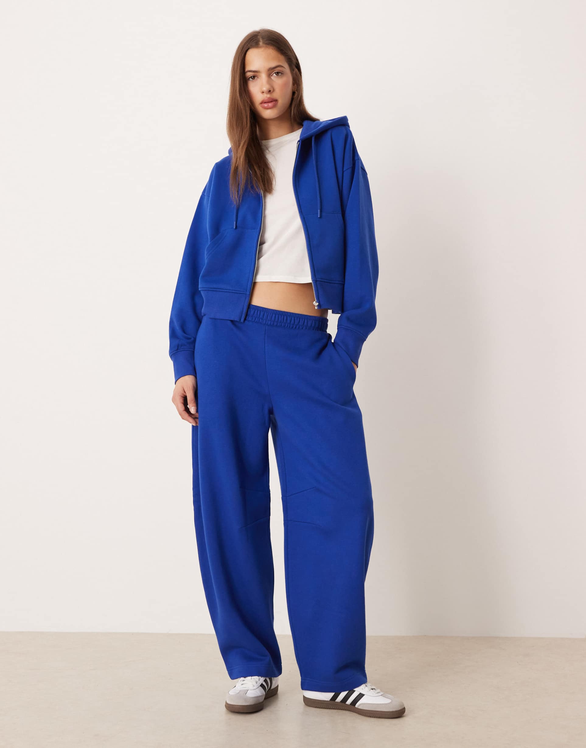 asos design barrel leg brushback sweatpants in deep blue