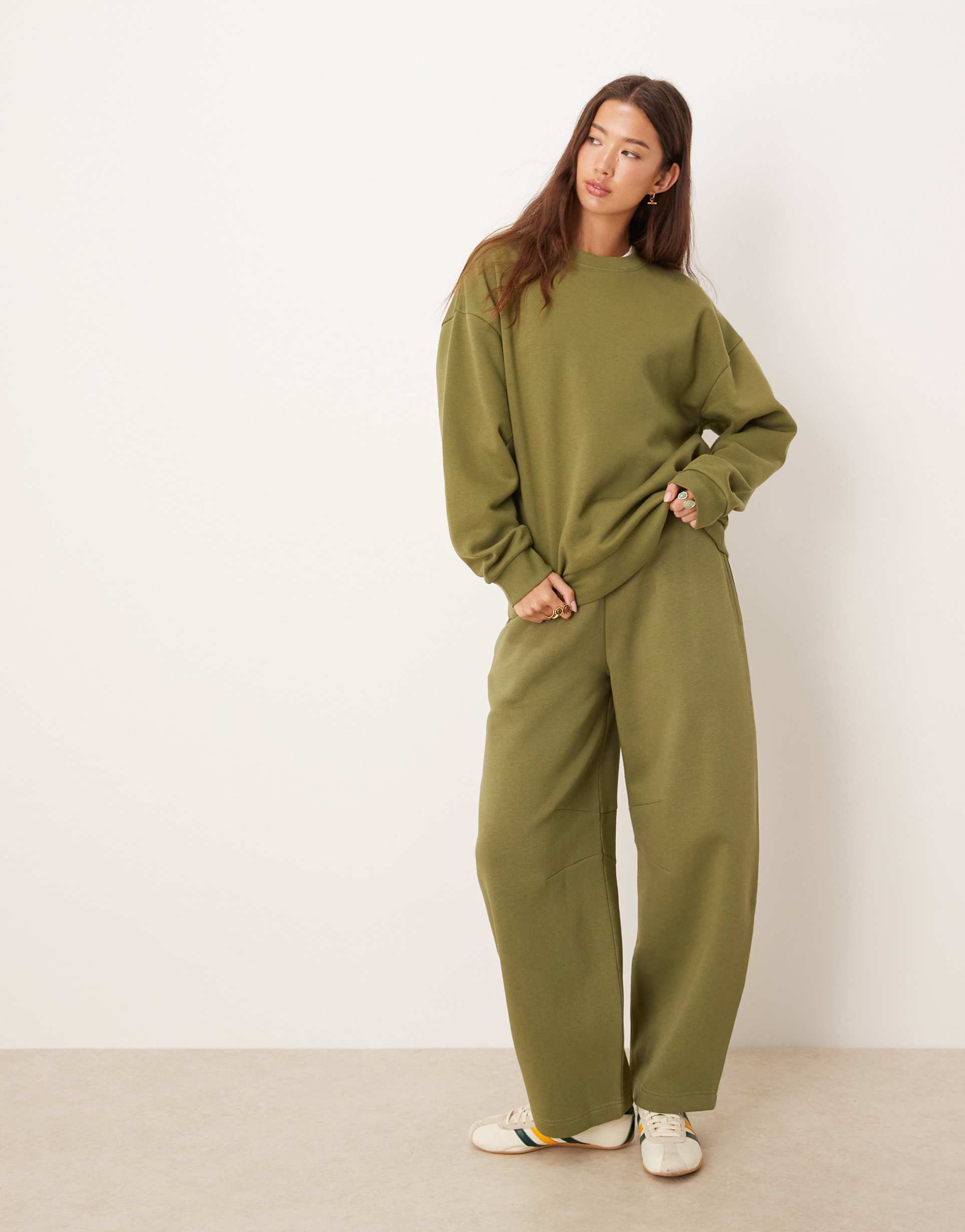 asos design barrel leg brushback sweatpants in khaki green