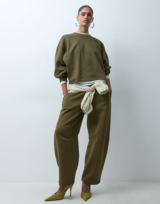 ASOS DESIGN barrel leg brushback trackies in khaki, 2 of 5