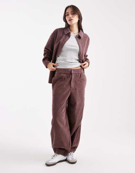ASOS DESIGN barrel leg bubble corduroy pants in mauve - view 1