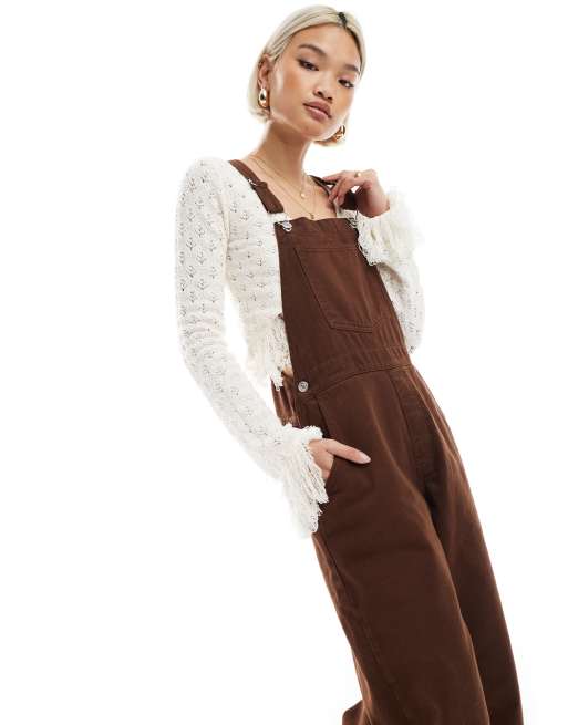ASOS DESIGN barrel leg denim dungaree in brown, 2 of 4