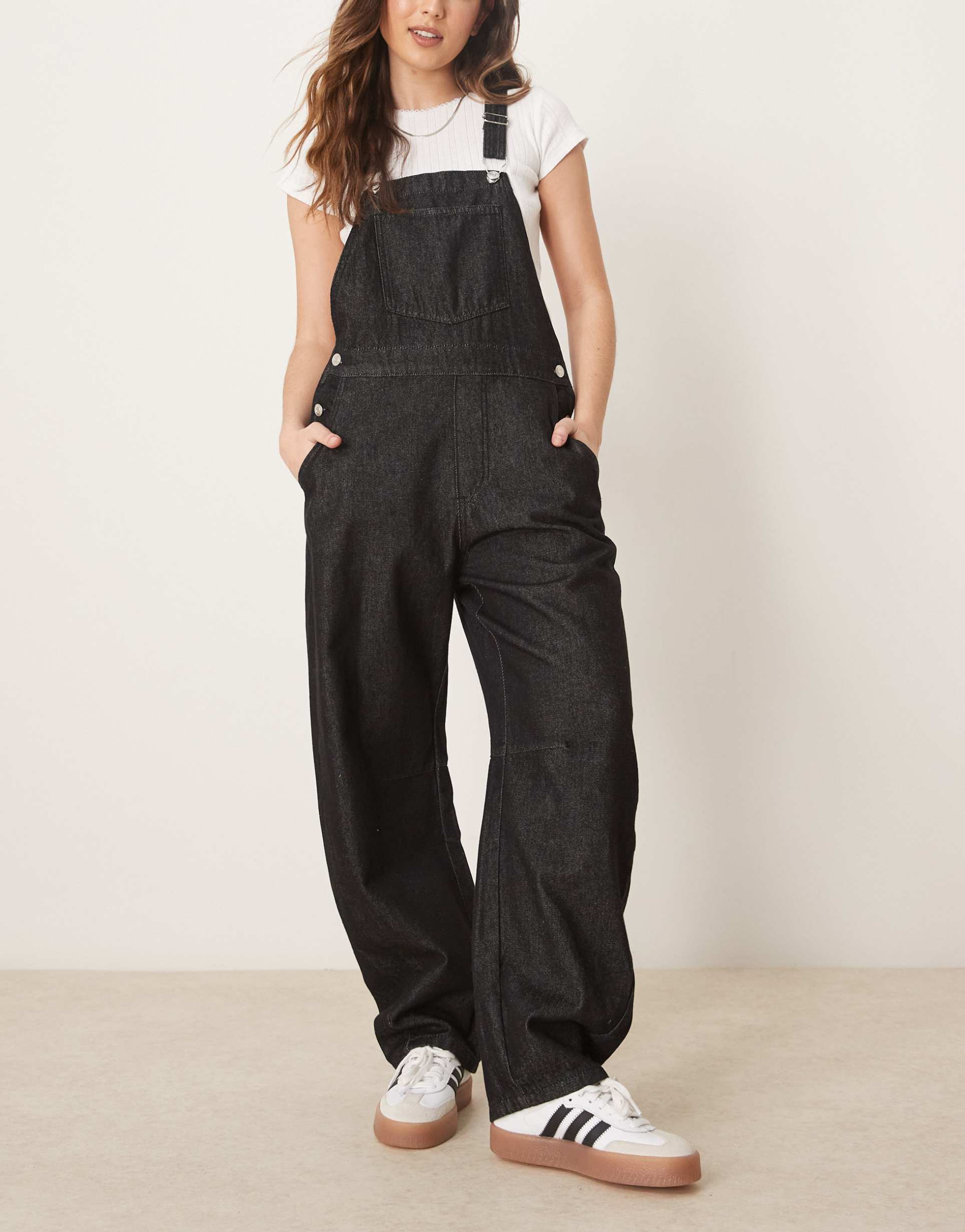 asos design barrel leg denim overalls in black