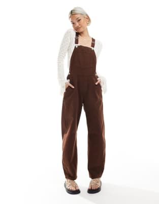 Asos Design Barrel Leg Denim Overalls In Brown