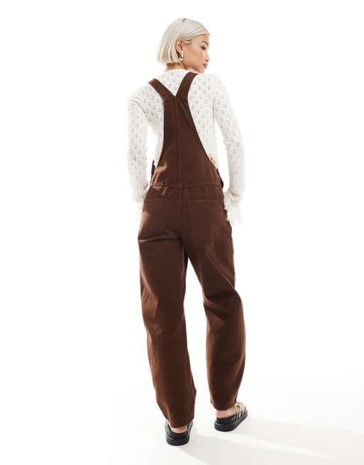 ASOS DESIGN barrel leg denim overalls in brown, 4 of 4