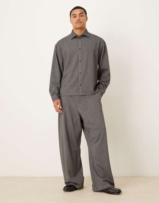 ASOS DESIGN barrel leg fit smart pants in charcoal herringbone (part of a set), 2 of 5