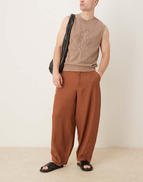 ASOS DESIGN – Barrel-Leg-Hose in Braun mit Kreuzschraffur-Textur - view 1