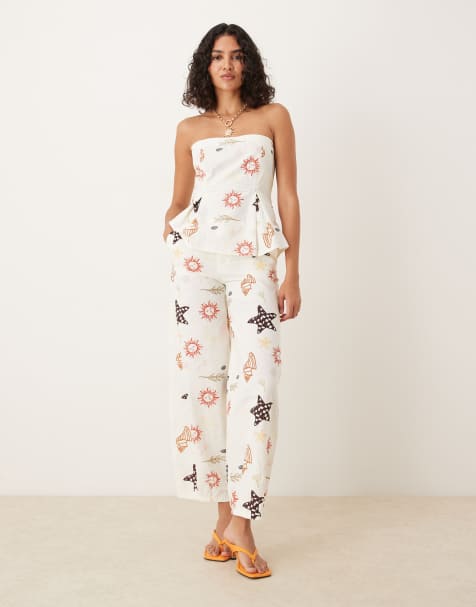 ASOS DESIGN – Barrel-Leg-Hose mit Urlaubsmotiven aus Leinenmix, Kombiteil - view 1