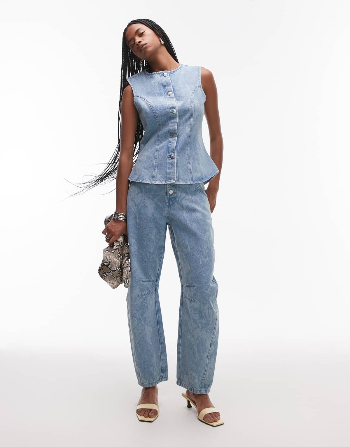 ASOS DESIGN barrel leg jean in floral mid wash blue