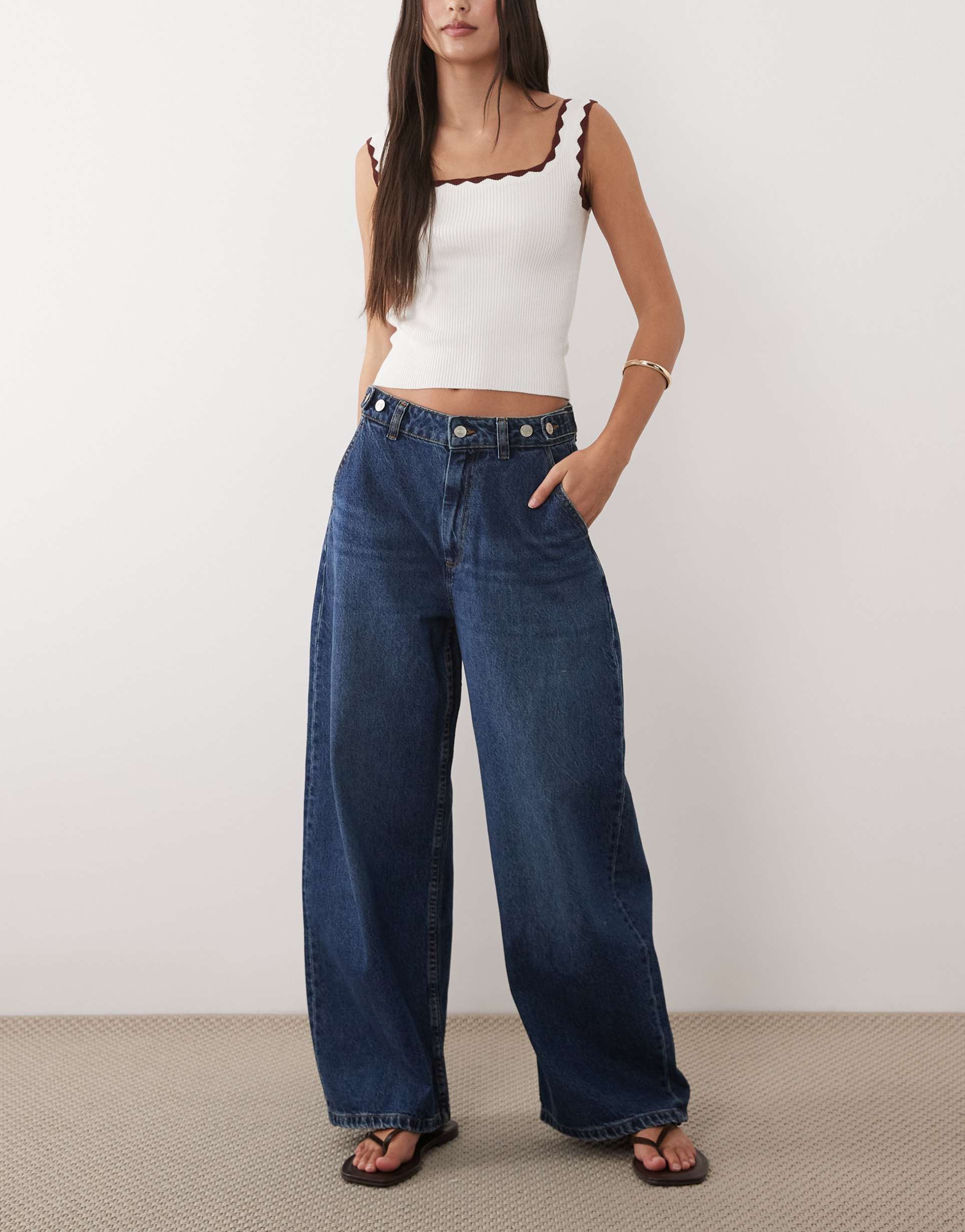 asos design barrel leg jean with adjustable waist in darkwash