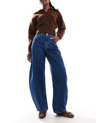 barrel leg jean with paperbag waist in inky wash-Navy