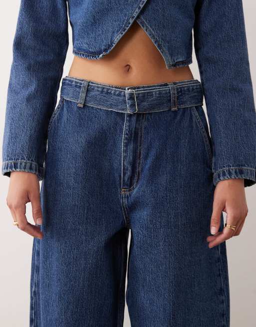 ASOS DESIGN barrel leg jeans in dark mid blue - part of a set