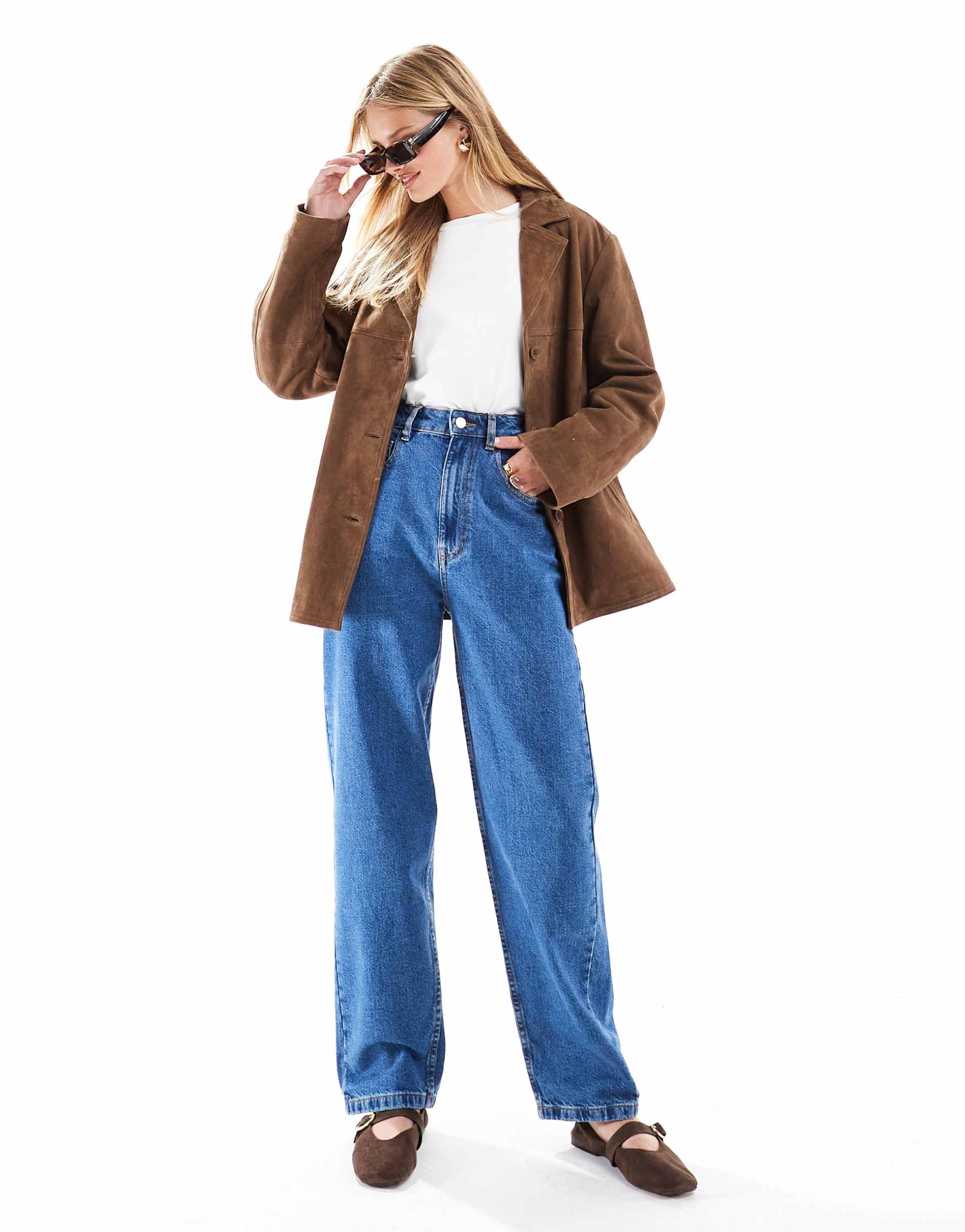 asos design barrel leg jeans in mid blue