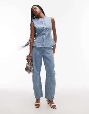ASOS DESIGN - Barrel-Leg-Jeans in mittelblauer Waschung mit floralem Muster