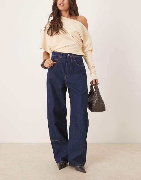 ASOS DESIGN – Barrel-Leg-Jeans in Rinse-Waschung mit Bahnendesign und hohem Bund - view 1