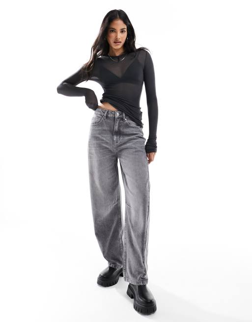 Buy Women Grey Barrel Wide Leg Fit High Rise Jeans