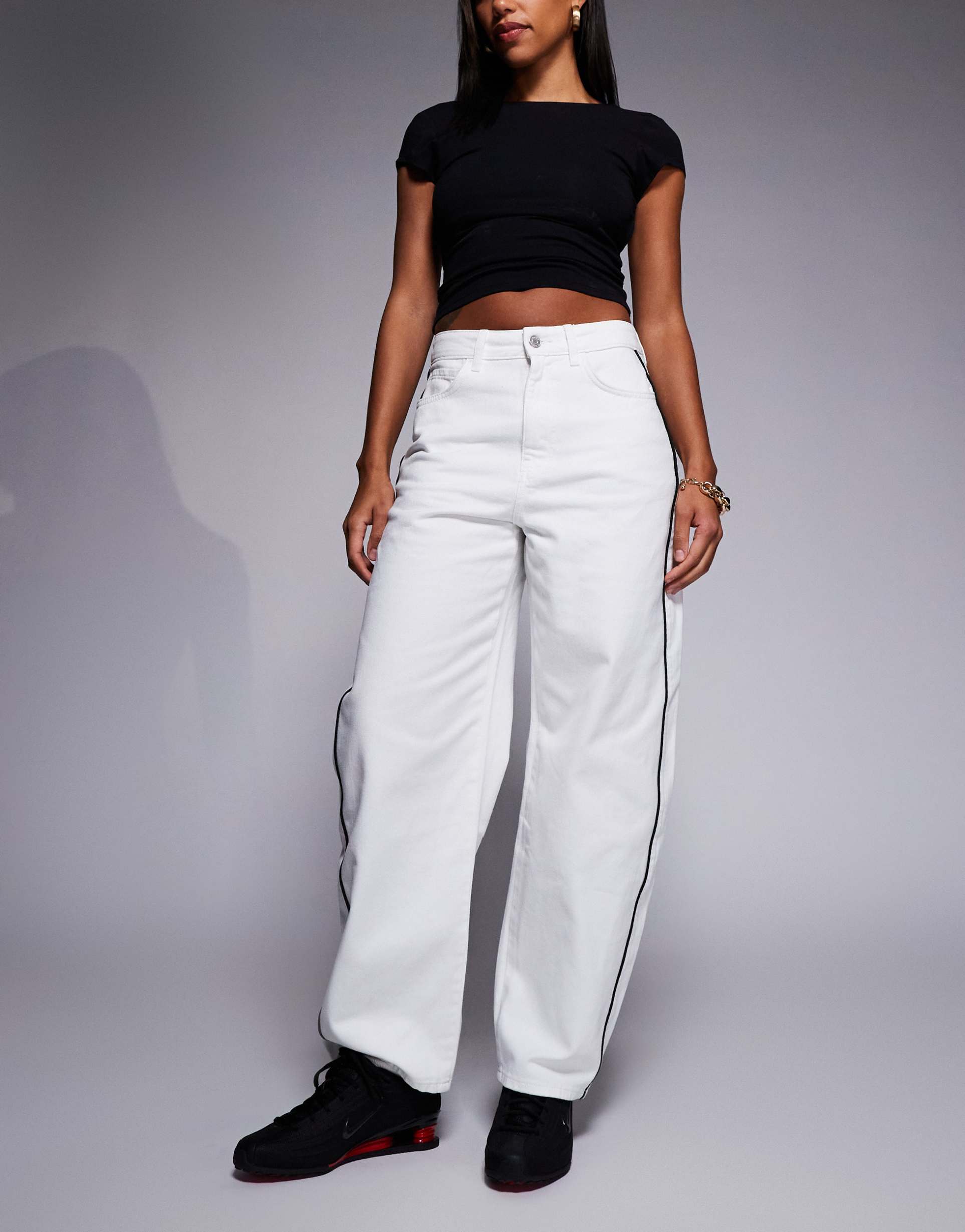 asos design barrel leg jeans in white with contrast black side piping