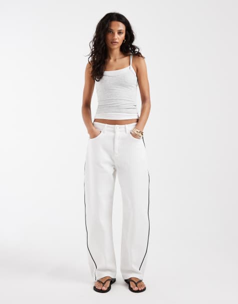 ASOS DESIGN barrel leg jeans in white with contrast black side piping