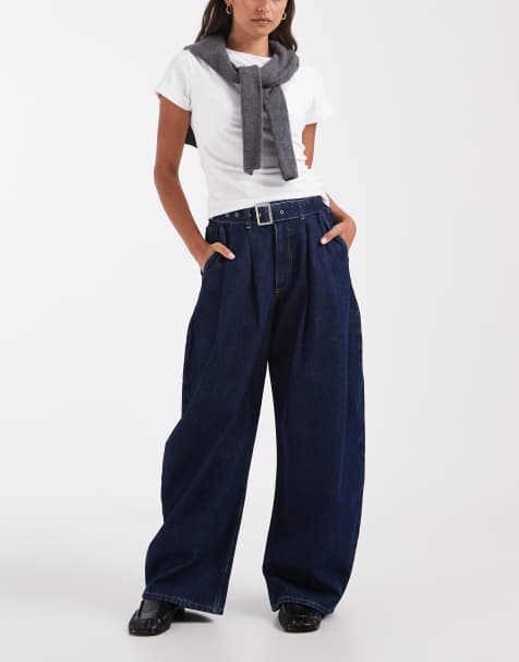 ASOS DESIGN Barrel-Leg-Jeans mit Gürtel in Mittelblau - view 1