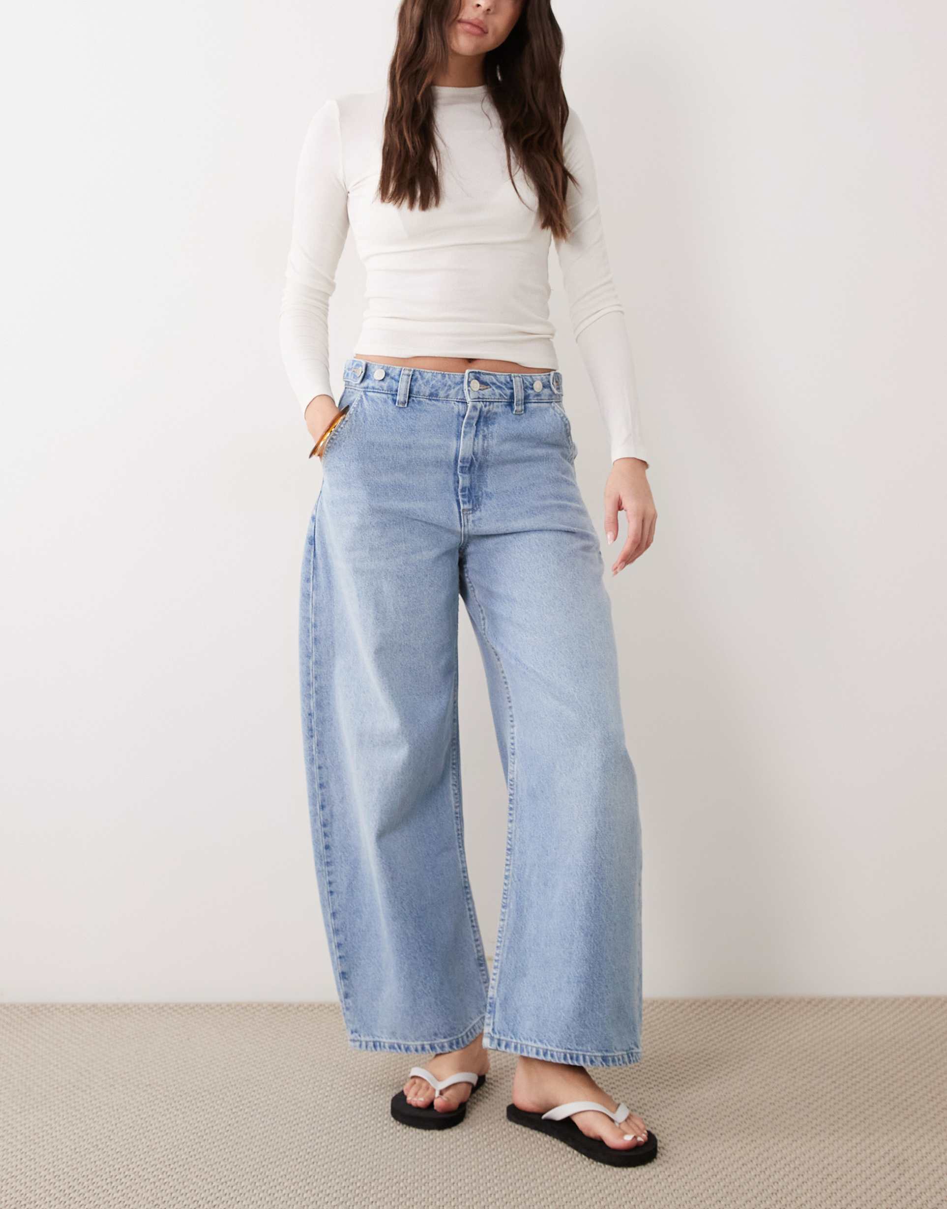 asos design barrel leg jeans with adjustable waist in lightwash