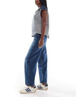 ASOS DESIGN barrel leg jeans with cinch waist in dark mid blue