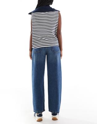 ASOS DESIGN barrel leg jeans with cinch waist in dark mid blue