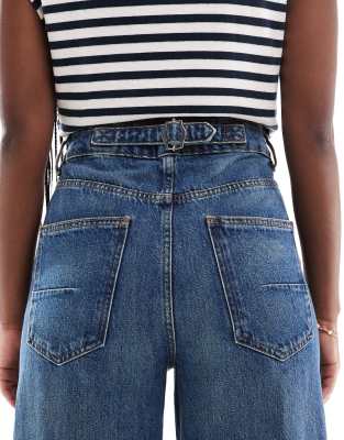 ASOS DESIGN barrel leg jeans with cinch waist in dark mid blue