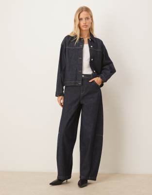 Asos Design Barrel Leg Jeans With Cinched Waist Buckles-navy In Blue