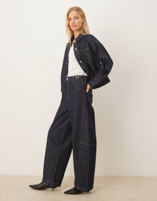 Asos Design Barrel Leg Jeans With Cinched Waist Buckles-navy In Blue