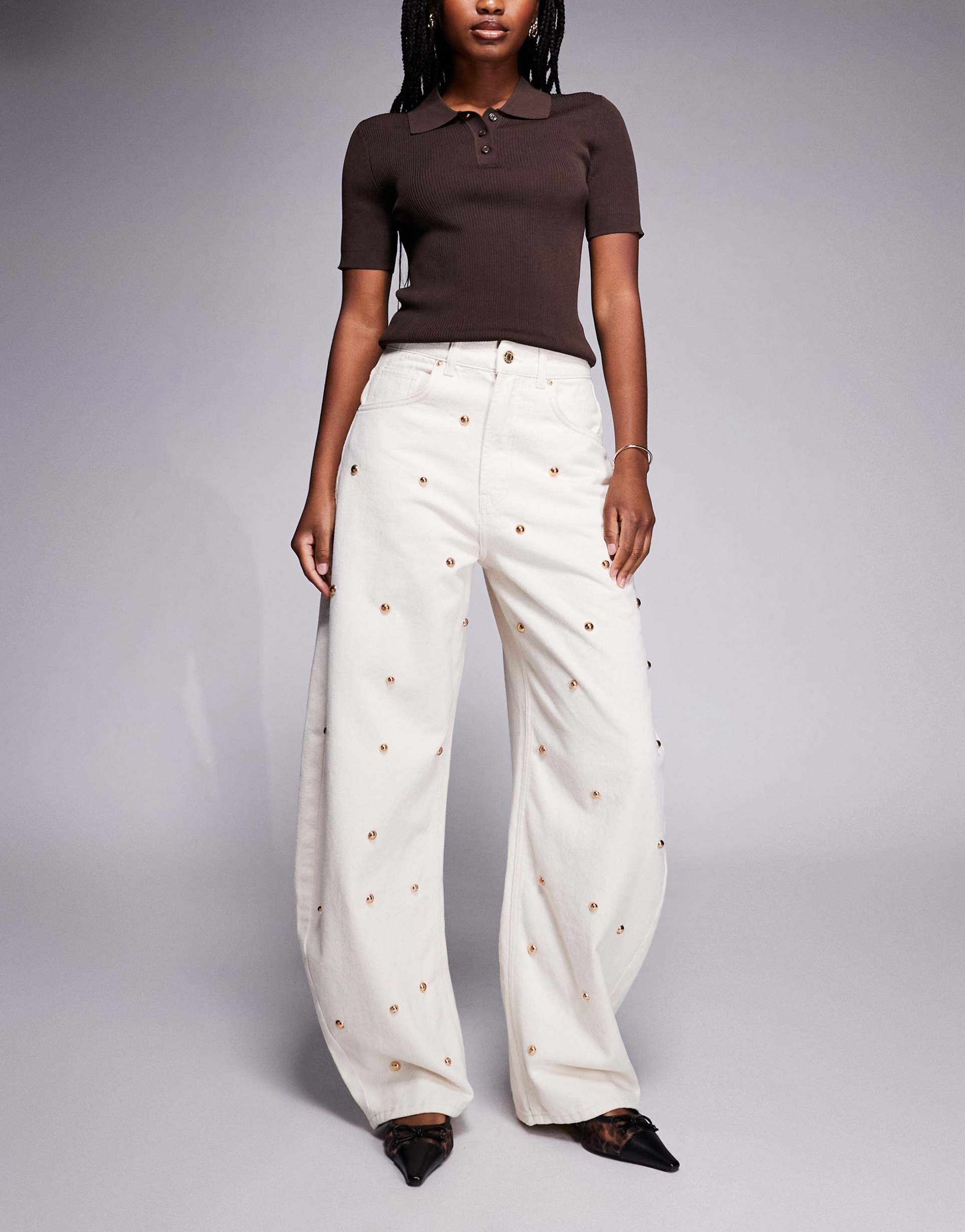 asos design barrel leg jeans with gold tone dome stud details in ecru
