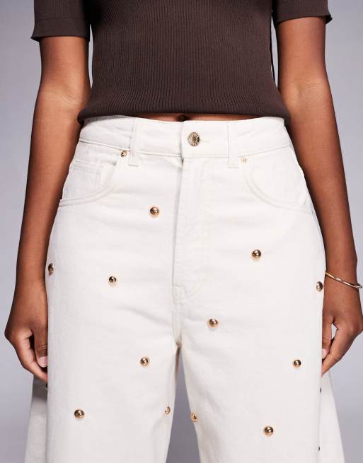 ASOS DESIGN barrel leg jeans with gold tone dome stud details in ecru