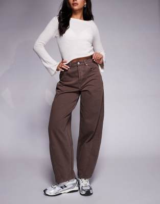 ASOS DESIGN barrel leg jeans with paneling and cinched waist in washed brown
