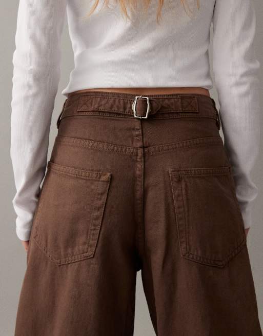 ASOS DESIGN barrel leg jeans with paneling and cinched waist in washed brown, 4 of 7