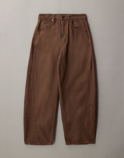 ASOS DESIGN barrel leg jeans with paneling and cinched waist in washed brown, 5 of 7