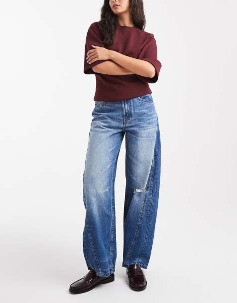 ASOS DESIGN barrel leg jeans with panelling and cinch in midwash with rips - view 1