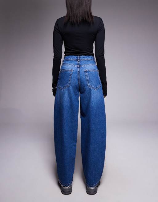 ASOS DESIGN barrel leg jeans with panelling and cinch in midwash with rips, 2 of 5