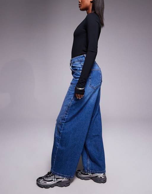 ASOS DESIGN barrel leg jeans with panelling and cinch in midwash with rips, 3 of 5
