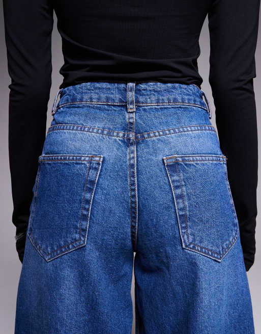ASOS DESIGN barrel leg jeans with panelling and cinch in midwash with rips, 4 of 5