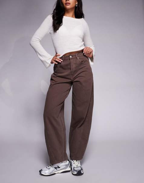 ASOS DESIGN barrel leg jeans with panelling and cinch washed brown - view 1